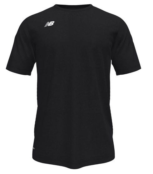 A black short-sleeve crew neck t-shirt with a white New Balance logo on the left chest.