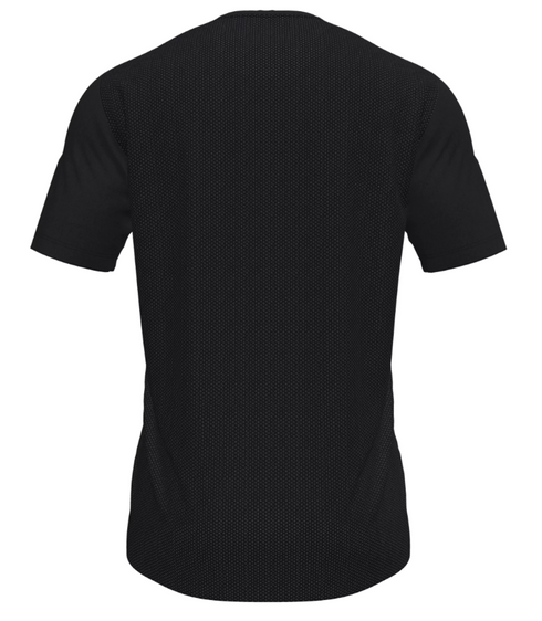 Back view of a black short-sleeved athletic shirt featuring a textured mesh body, smooth sleeves and side panels, a crew neck, and a curved hem.