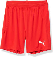 Red Puma athletic shorts with a white cat logo on the bottom left leg.