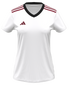White short-sleeved Adidas jersey featuring maroon stripes on the shoulders, a maroon logo on the right chest, and a black V-neck collar.