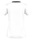 Back view of a white short-sleeved t-shirt mockup with a black crew-neck collar and thin red accents along the shoulders.