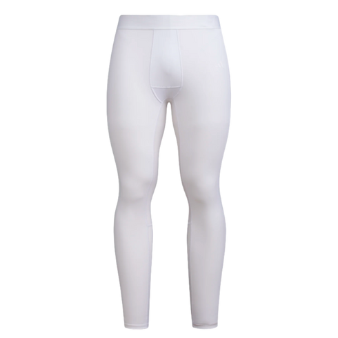Front view of white full-length athletic compression leggings for men, featuring a wide waistband and a contoured front pouch.