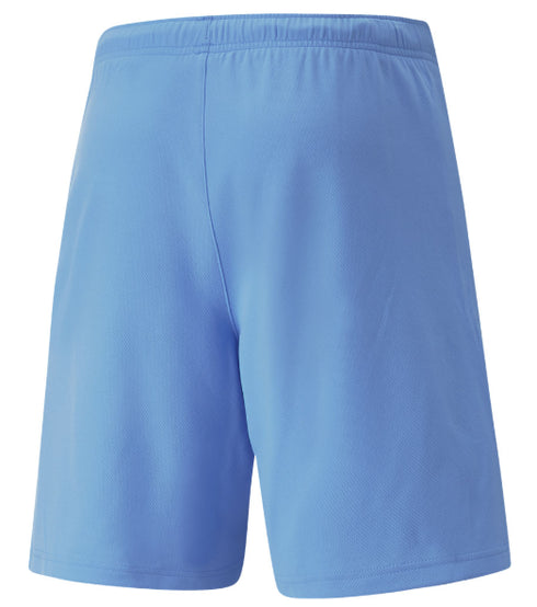 Back view of light blue athletic shorts with an elastic waistband and center seam.
