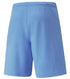 Back view of light blue athletic shorts with an elastic waistband and center seam.