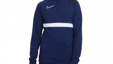 Navy blue Nike long-sleeve quarter-zip drill top with a white chest stripe and white swoosh logo.