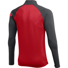 Back view of a red long-sleeved athletic top with dark grey sleeves and mock neck, against a black background.