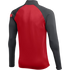 Back view of a red long-sleeved athletic top with dark grey sleeves and mock neck, against a black background.