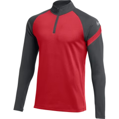 A red and charcoal grey long-sleeved Nike quarter-zip athletic shirt.