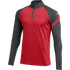 A red and charcoal grey long-sleeved Nike quarter-zip athletic shirt.