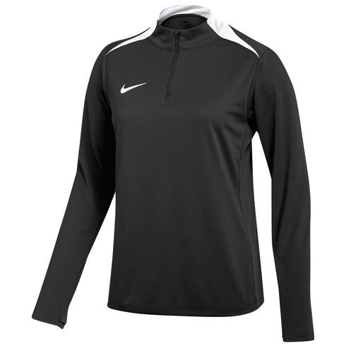 A black Nike long-sleeve quarter-zip athletic shirt with white shoulder panels and a white swoosh logo on the chest.