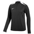 A black Nike long-sleeve quarter-zip athletic shirt with white shoulder panels and a white swoosh logo on the chest.
