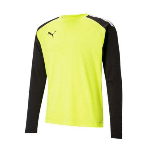 Puma long-sleeved athletic shirt with a neon yellow torso, black sleeves featuring white shoulder accents, and a black logo on the chest.