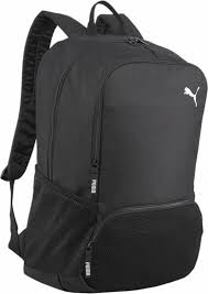 A black Puma backpack featuring a small white logo, padded shoulder straps, mesh side pockets, and a front zippered compartment.