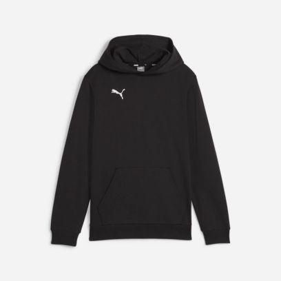 A black Puma hoodie featuring a hood, front kangaroo pocket, and a small white logo on the right chest.