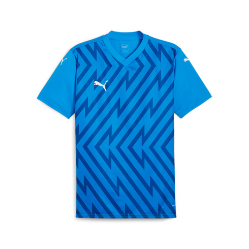 Blue Puma soccer jersey with a dark blue geometric zigzag pattern on the front and white Puma cat logos.