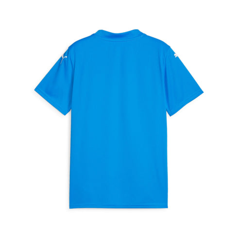 Back view of a bright blue short-sleeved athletic jersey with small white logos on each shoulder, displayed against a plain white background.