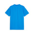 Back view of a bright blue short-sleeved athletic jersey with small white logos on each shoulder, displayed against a plain white background.