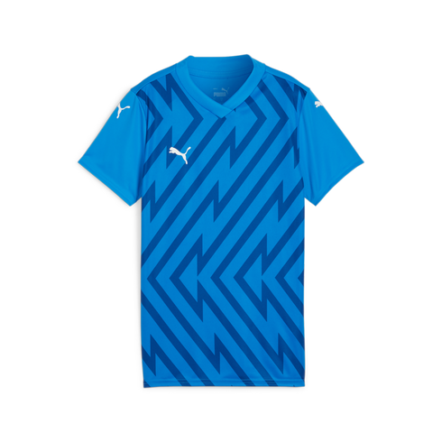 Blue Puma short-sleeved soccer jersey featuring a dark blue diagonal zig-zag graphic on the torso and white Puma cat logos on the chest and shoulders.