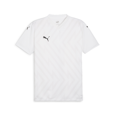 White short-sleeved Puma jersey with a subtle tonal zigzag pattern and black logos on the chest and shoulders.