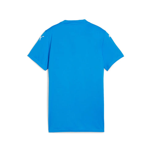 Back view of a bright blue short-sleeved t-shirt with white Puma logos on each shoulder.
