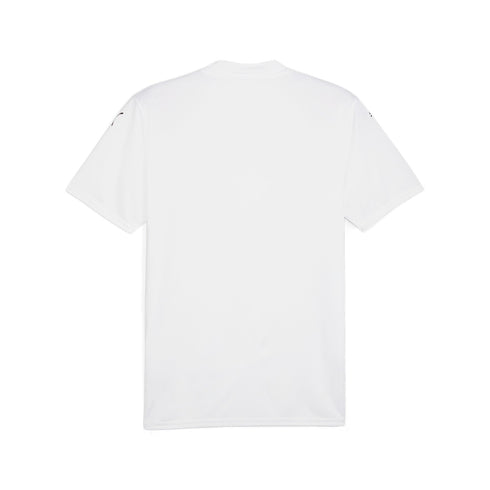 The back view of a plain white short-sleeved t-shirt against a white background. Small black logos are visible on the upper outer part of each sleeve.