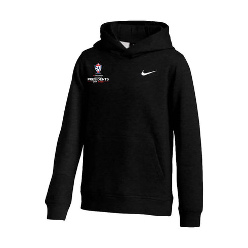A black Nike hoodie featuring a white Nike swoosh on the left chest and the US Youth Soccer Maryland Presidents Cup 2026 logo on the right chest.