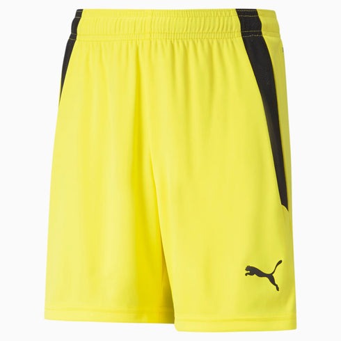 Bright yellow Puma athletic shorts with black side panels and a black Puma logo on the left leg.