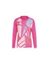 Pink Adidas long-sleeved jersey with a vibrant abstract geometric pattern in light pink, orange, and blue.