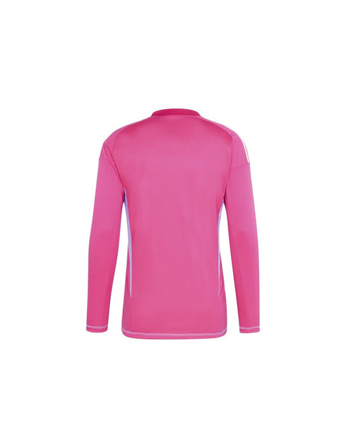 Back view of a bright pink long-sleeved athletic top with purple side panels and white stripes on the shoulder.