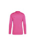 Back view of a bright pink long-sleeved athletic top with purple side panels and white stripes on the shoulder.