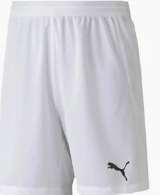 White athletic shorts with a black Puma logo on the bottom right leg.
