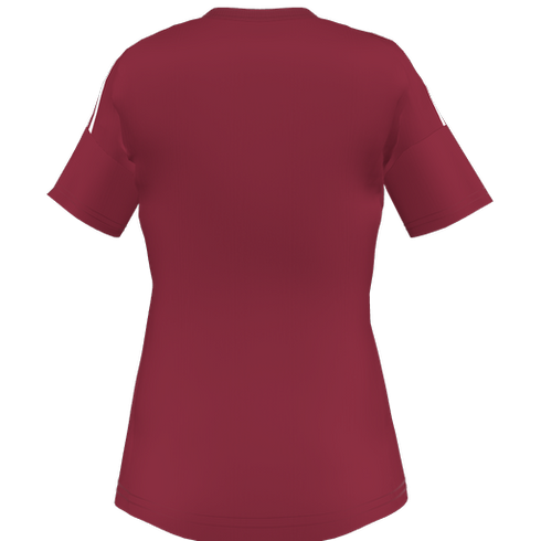 A back-facing view of a maroon short-sleeved athletic jersey with three white stripes on the shoulders and two thin lines at the hem.