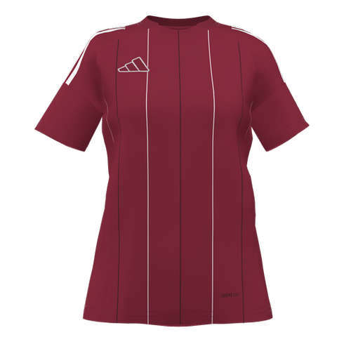 A maroon short-sleeved Adidas jersey with white shoulder stripes and alternating black and white vertical pinstripes. Features a white logo on the chest.