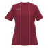 A maroon short-sleeved Adidas jersey with white shoulder stripes and alternating black and white vertical pinstripes. Features a white logo on the chest.