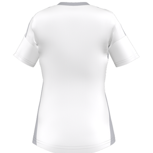 The back view of a white athletic short-sleeved t-shirt with light grey accents on the collar and side panels.