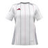 White Adidas short-sleeve jersey with thin vertical red and black pinstripes, grey shoulder and side panels, and a maroon logo on the chest.