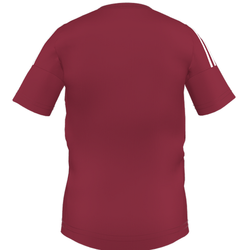 The back of a maroon short-sleeve shirt with three white stripes on each shoulder, shown against a plain white background.