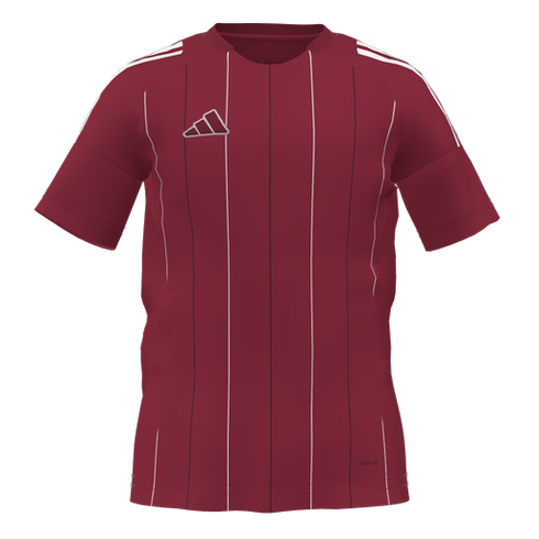 A burgundy Adidas soccer jersey with thin white and dark vertical pinstripes, an outlined chest logo, and signature three stripes on the shoulders.