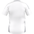 Back view of a white short-sleeved sports jersey with light grey stripes on the shoulders, grey side panels, and a grey crew neck.